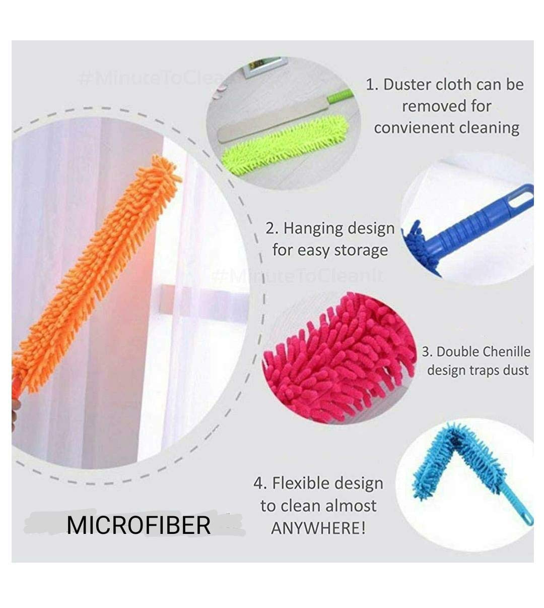 Multipurpose Microfiber Bendable Feather Duster Broom with Extendable Long Steel Handle for Cleaning Ceiling Fan, Flexible Brush for Home Interior, Car and Office