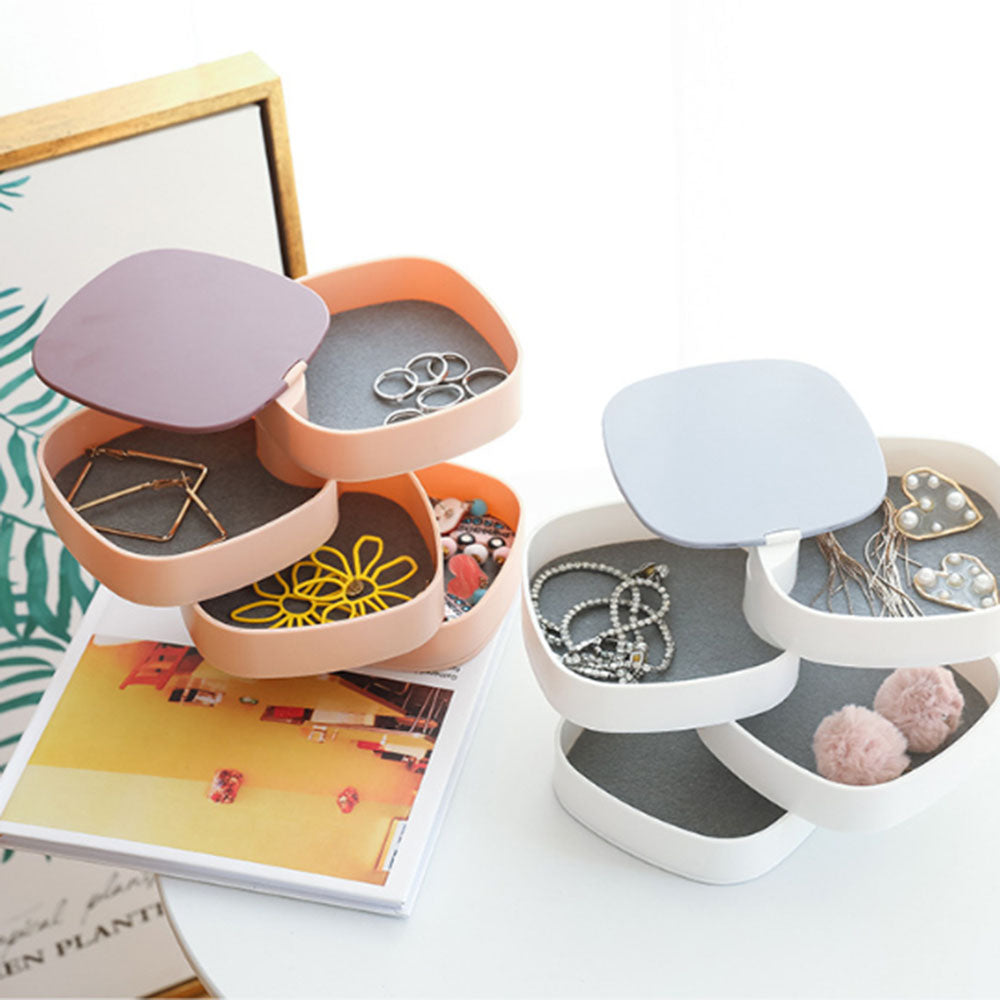 360 Degree Rotation Earrings Case With Mirror 4 Layer Jewelry Box