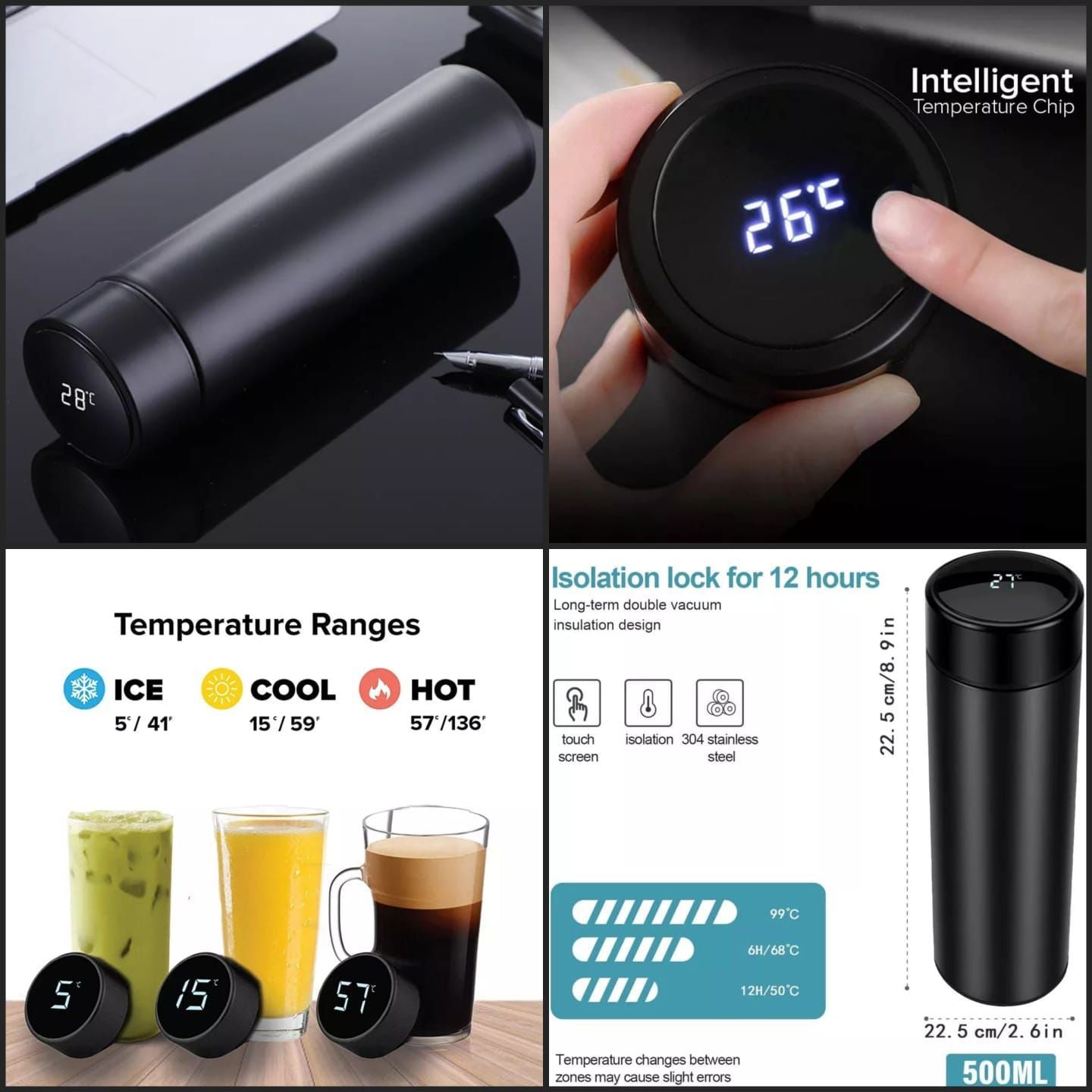 500ML Smart LED Temperature Display Vacuum Flask Metal Stainless Steel Thermos Water Bottle