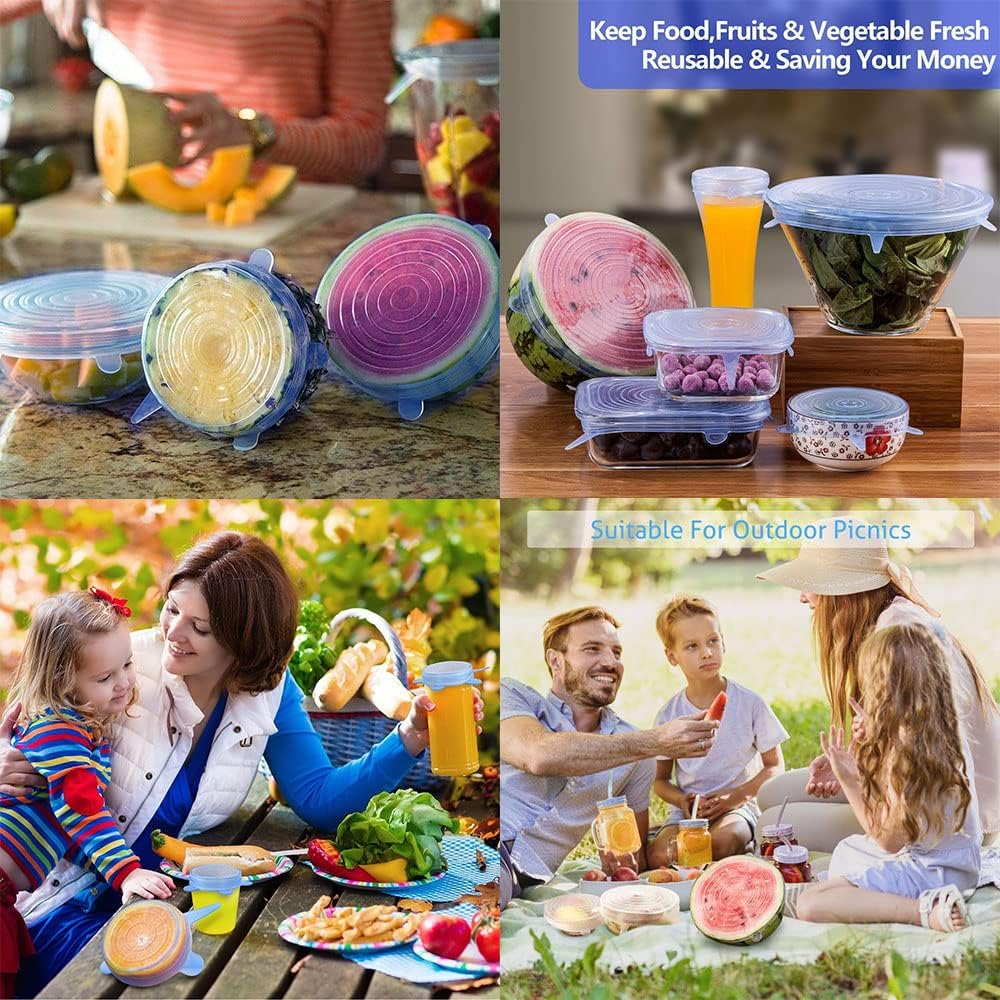 6 Pcs Silicone Lids, BPA Free Stretchy Silicone Lid, Reusable Food Cling Film, Eco Friendly Expandable Container
