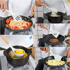 Kitchen Cooking Utensils Set Silicone Wooden Handle Spoon Whisk With Utensils Holder Storage 12pcs Cookware