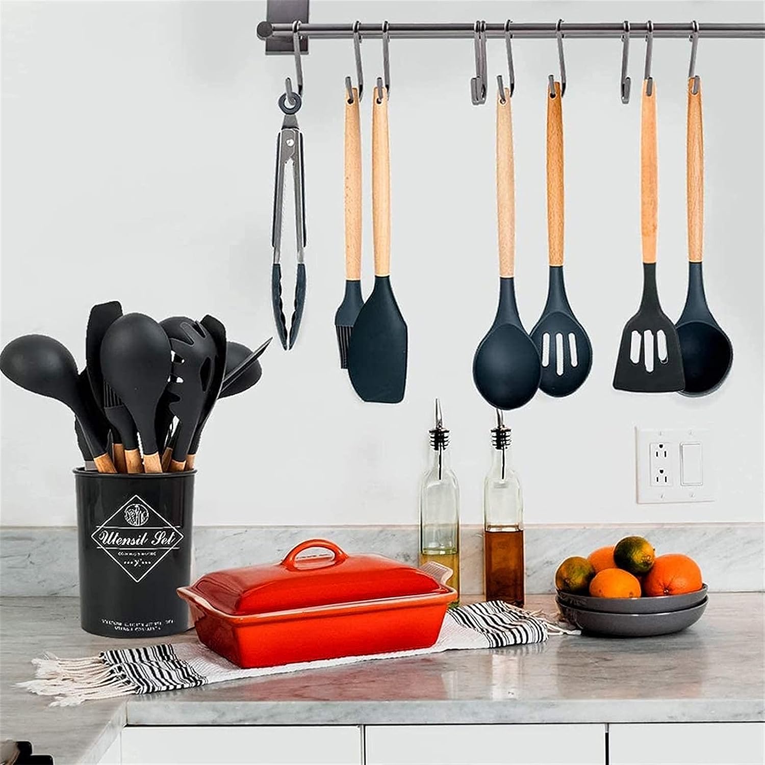 Kitchen Cooking Utensils Set Silicone Wooden Handle Spoon Whisk With Utensils Holder Storage 12pcs Cookware