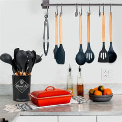 Kitchen Cooking Utensils Set Silicone Wooden Handle Spoon Whisk With Utensils Holder Storage 12pcs Cookware