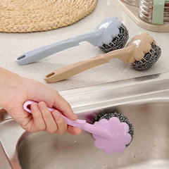 Cleaning Scrubber, Cleaning Brush Handle Steel Ball Wash Pot Kettle Pan Dish Kitchen Bathroom Tool