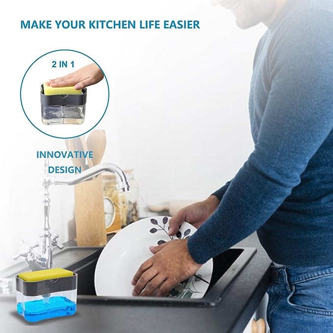Dish Washing Soap Dispenser,Soap Dispenser Sponge Holder 2 in1push-type Automatic Liquid Box, scouring pad, Dish Washing Brush and soap Liquid